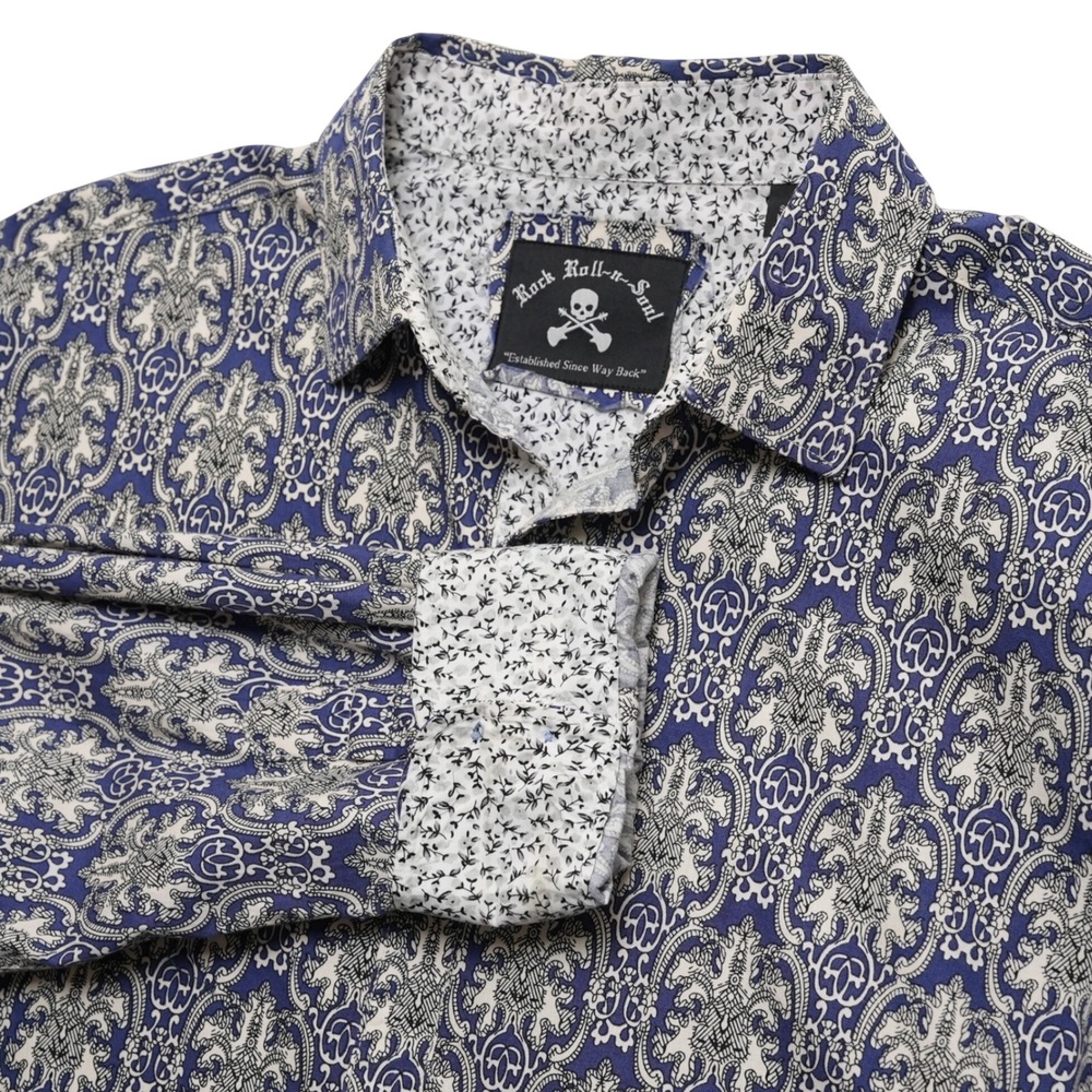 Rock Roll-n-Soul Button Up Mens Large Blue Damask Paisley Long Sleeve Shirt